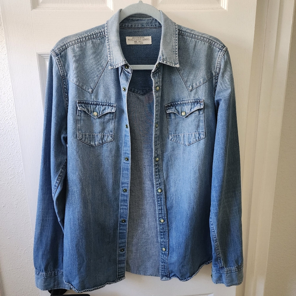 All Saints Men's Denim Long Sleeve Button Up Shirt | Size Small
